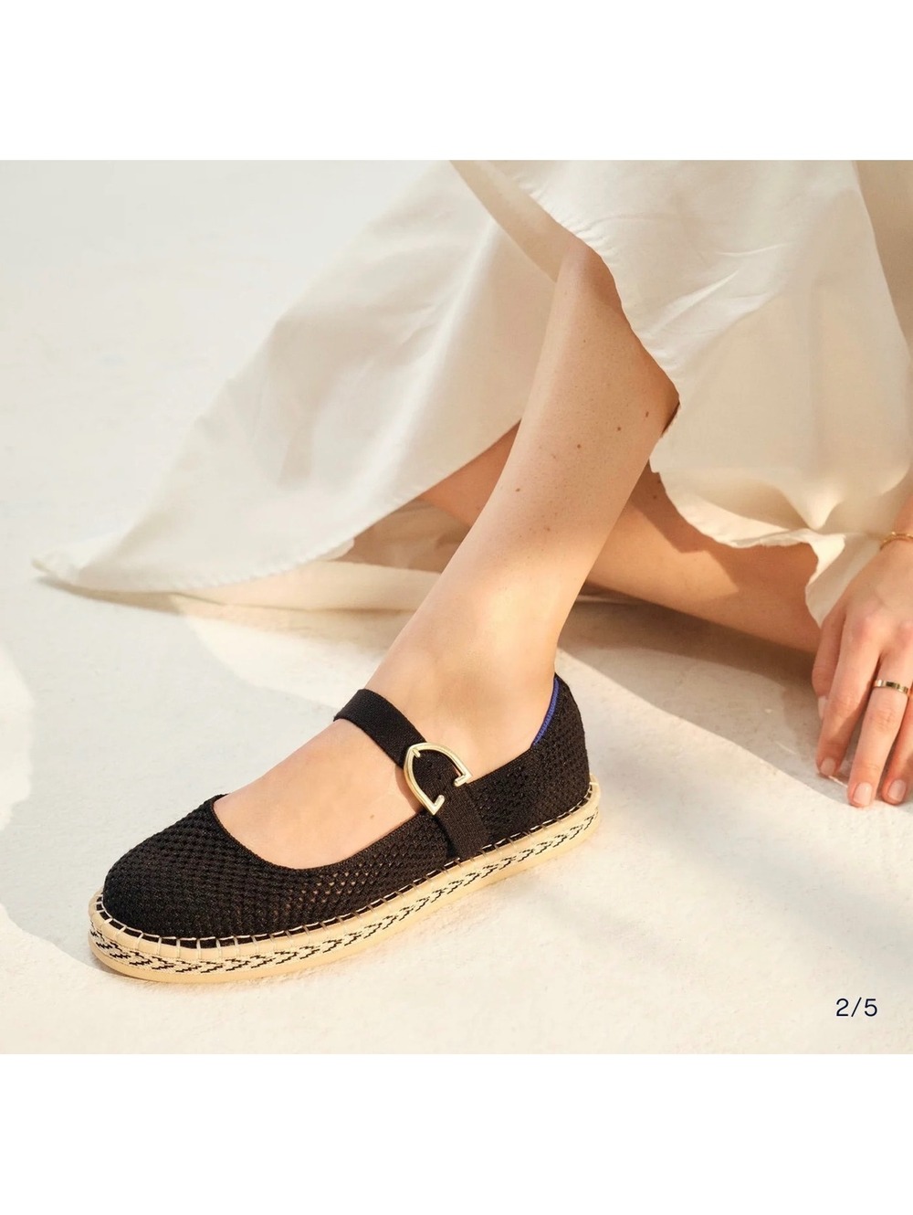 Rothy's Black Knit Espadrille Mary Jane Flats Size 12 Gold Buckle Sustainable